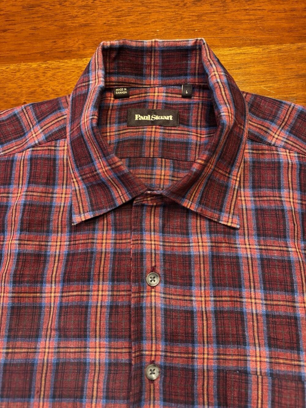 Paul Stuart Linen Button Up Shirt Long Sleeve Maroon Plaid Canada Large